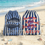Personalized Flounder Sardine Stripe Design Oversized Quick-Dry Beach Towel with Name and Drawing Backpack Beach Party Birthday Gift for Fishing Lover