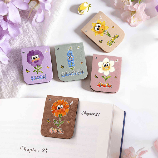 Personalised Cartoon Birth Flower Butterfly Magnetic PU Leather Bookmark Clip with Name Birthday Back to School Gift for Kids Women