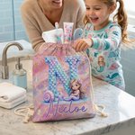 Personalized Cartoon Mermaid Initial Drawstring Bag with Name and Initial Travel Essentials Beach Party Birthday Gift for Girls Ocean Theme Lovers