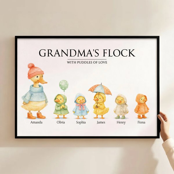Personalized Cute Duck Family Grandma's Flock Canvas Decorative Painting with Name Home Decor Mother's Day Birthday Gift for Mom Grandma Grandparent