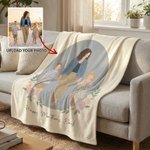Personalised Photo Flat Illustration Portrait Soft Throw Blanket with Text Home Decor Birthday Mother's Day Gift for Friends Family
