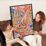 Pintura al Óleo Personalizada Estilo Flor Cogidos de la Mano Póster Cuadro Enmarcado con Nombre Decoración del Hogar Día de la Madre Cumpleaños Regalo para Mamá Abuela