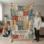 Personalized Vintage Flower Checkered Patchwork Tassel Soft Throw Blanket with Names and Title Mother's Day Birthday Gift for Grandma Mom 2