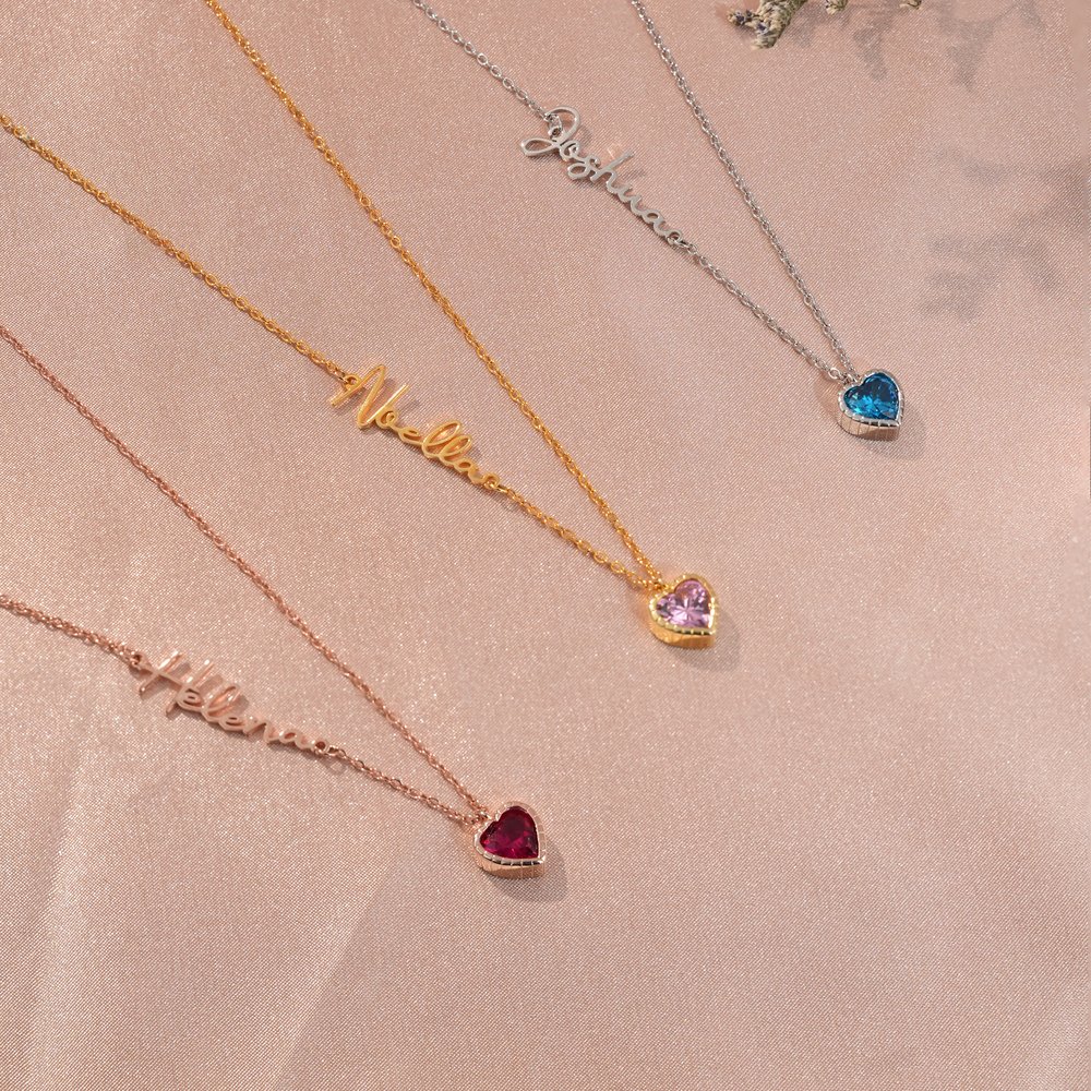 Personalised Heart Birthstone Pendant Necklace with Name Dainty Jewellery Birthday Anniversary Gift for Women Girls 3