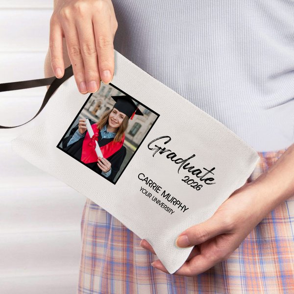 Bolsa de cosméticos personalizada con foto de graduado con nombre y año Accesorios de viaje Clase de 2026 Regalo de graduación para graduado