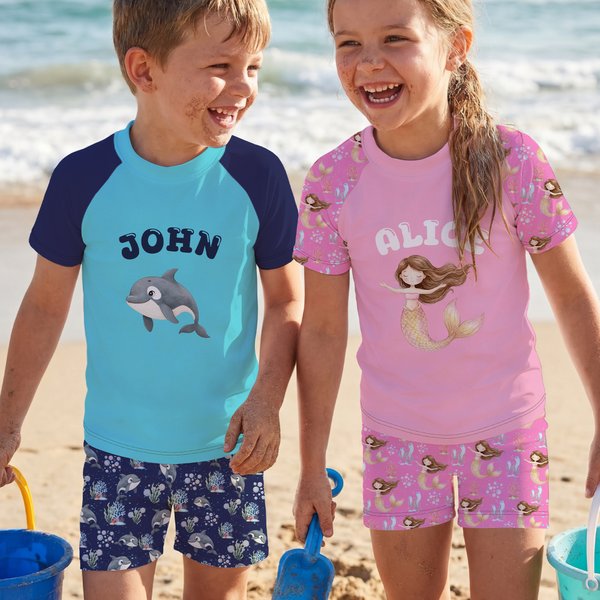 Personalized Cute Cartoon Mermaid Sea Animal Anti-UV Kid Swimsuit with Name Swimming Pool Summer Holiday Gift for Boys Girls