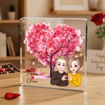 Personalised Cartoon Comparison Couple Pink Heart Tree Square Acrylic Plaque with Name Desk Decor Valentine's Day Gift for Couple