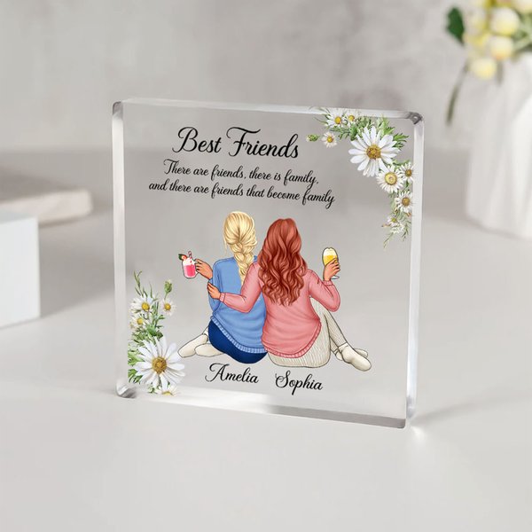 Personalized Cartoon Characters Back View Birth Flower Square Acrylic Plaque with Name Home Decor Birthday Anniversary Gift for Women Best Friends