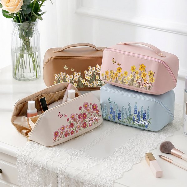 Personalized Butterfly Birth Flower PU Leather Makeup Bag with Name Mother's Day Birthday Anniversary Gift for Her