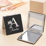 Personalised Pearl Effect Birth Flower Anti‑Fingerprint Shell Double-Sided 1X 2X Makeup Pocket Mirror with Name Birthday Travel Gift for Women