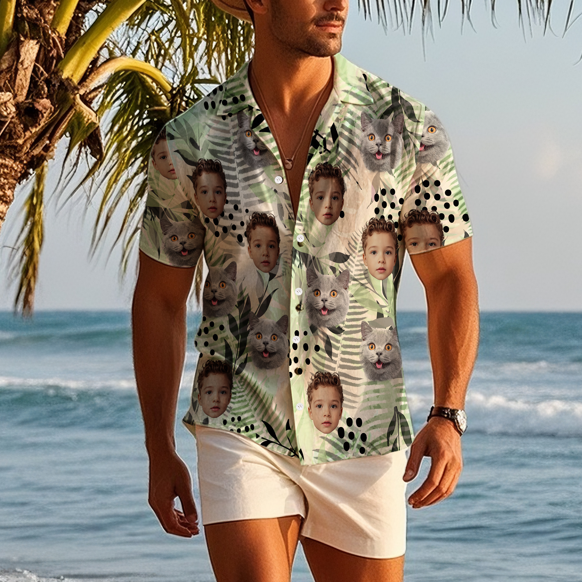 Personalisiertes Lustiges Tropenstil Palmenmuster Hawaiishirt mit 1-2 Gesicht-Fotos Sommer Strand Party Geburtstag Geschenk für Herren