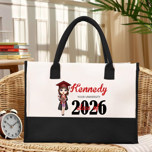 Spersonalizowany garnitur licencjata Cartoon Graduate Girl Canvas Tote Bag z imieniem i rokiem Prezent na ukończenie szkoły dla kolegów ze szkoły Przyjaciele