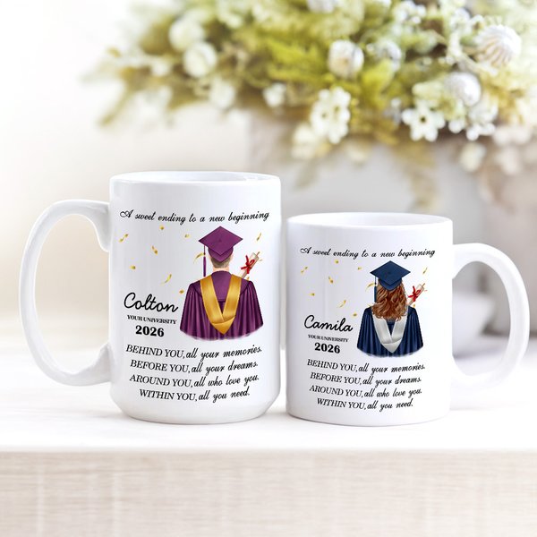 Personalised Sweet Ending New Beginning Graduate Character Ceramic Coffee Mug with Name and Year Birthday Graduation Gift for Class of 2026 Graduates