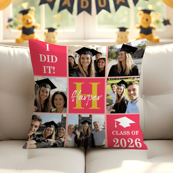 Personalized Nine-Square Grid Photo Graduation Cap Soft Throw Pillow Cover with Name and Initial Home Decor Graduation Party Gift for Graduates