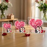 Personalised Cartoon Comparison Couple Pink Heart Tree Square Acrylic Plaque with Name Desk Decor Valentine's Day Gift for Couple