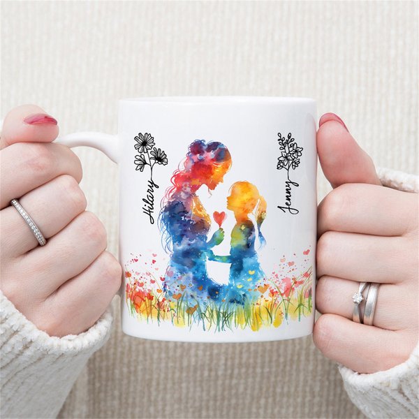 Personalisierte Aquarell Mama-Tochter Silhouette Geburt Blume 11 oz Keramik-Becher mit Namen täglichen Gebrauch Muttertag Geschenk für Mama Oma