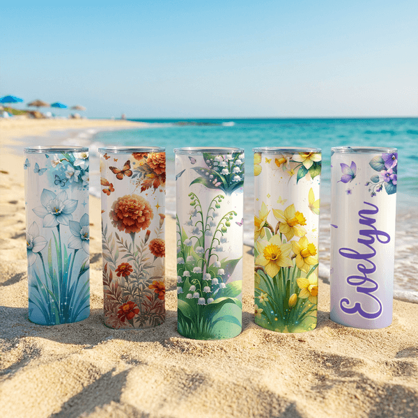 Personalized Multicolor Birth Flower 20 oz Insulated Skinny Tumbler with Name and Straw Daily Use Mother's Day Birthday Gift for Women