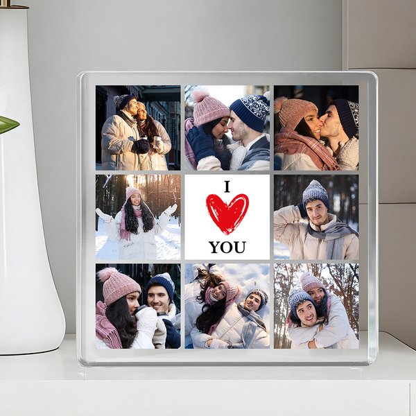 Gepersonaliseerde Hart I LOVE YOU 8-foto Collage Vierkant Acrylbord Bureau Decoratie Valentijnsdag Jubileum Cadeau voor Koppels