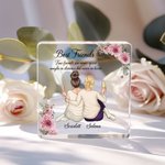 Personalized Cartoon Characters Back View Birth Flower Square Acrylic Plaque with Name Home Decor Birthday Anniversary Gift for Women Best Friends
