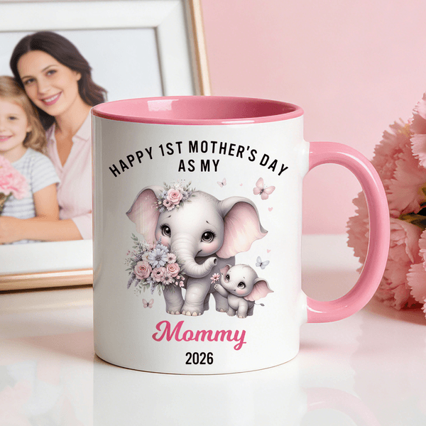 Personalised Cute Elephant Ceramic Mug with Name and Text 1st Mother's Day Anniversary Gift for Moms
