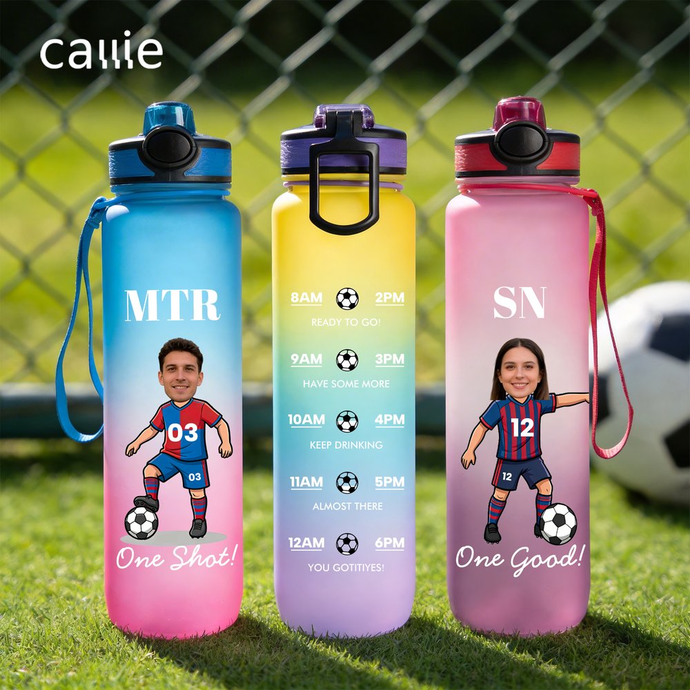 Henkilökohtainen Cartoon Soccer Character Face Photo 32 oz vesipullo, jossa nimi ja numero Syntymäpäivälahja jalkapallofanien ystäville 1