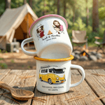 Personalisierte Campervan Zelt Cartoon Charakter 12 oz Emaille Becher mit Namen Reise Geburtstag Geschenk für Freund Familie