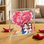 Personalised Cartoon Comparison Couple Pink Heart Tree Square Acrylic Plaque with Name Desk Decor Valentine's Day Gift for Couple