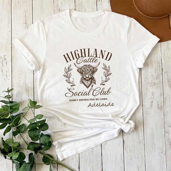Personalizada Vintage Highland Vaca Multicolor 100% Algodón Unisex Camiseta con Nombre Fiesta de Cumpleaños Regalo para Amigos Amantes de la Naturaleza
