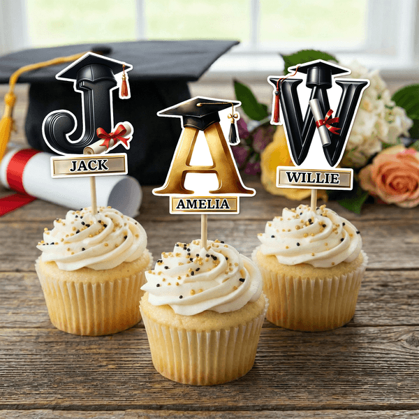 Personalised Multicolour Graduation Cap Cupcake Topper with Name and Initial Cake Decoration Graduation Gift for Graduate Friend