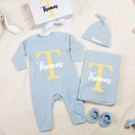 Personalised Initial Floral Design Name 100% Cotton Baby Romper Hat Blanket Outfit with Gift Box Baby Shower  Coming Home Gift for Newborn
