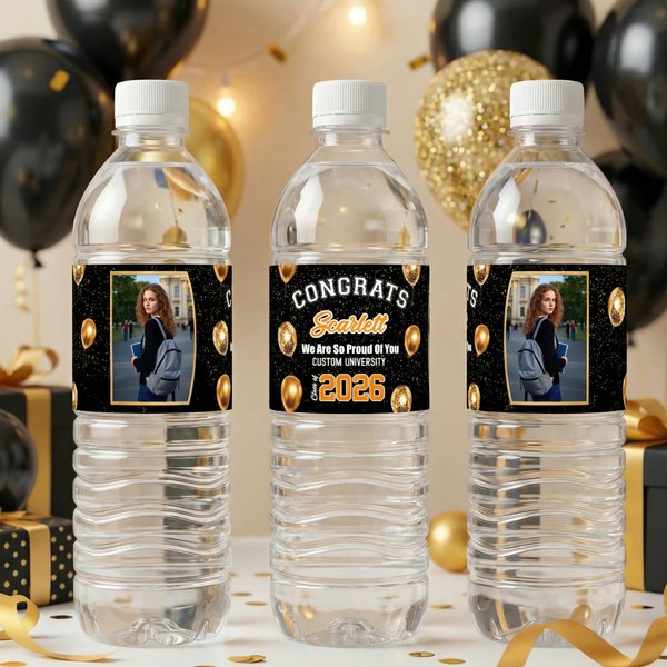 Personalised Congrats Photo Balloon Design Water Bottle Labels Stickers with Name and Year Set of 20 Graduation Party Decor for Graduates Friends