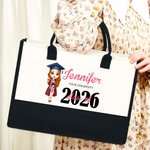 Spersonalizowany garnitur licencjata Cartoon Graduate Girl Canvas Tote Bag z imieniem i rokiem Prezent na ukończenie szkoły dla kolegów ze szkoły Przyjaciele