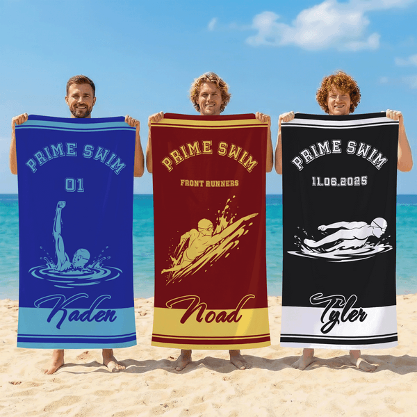 Serviette de plage surdimensionnée avec nom et texte, personnalisée avec silhouette de nageur multicolore, utilisation plage et voyage, cadeau d'anniversaire pour les amateurs de natation