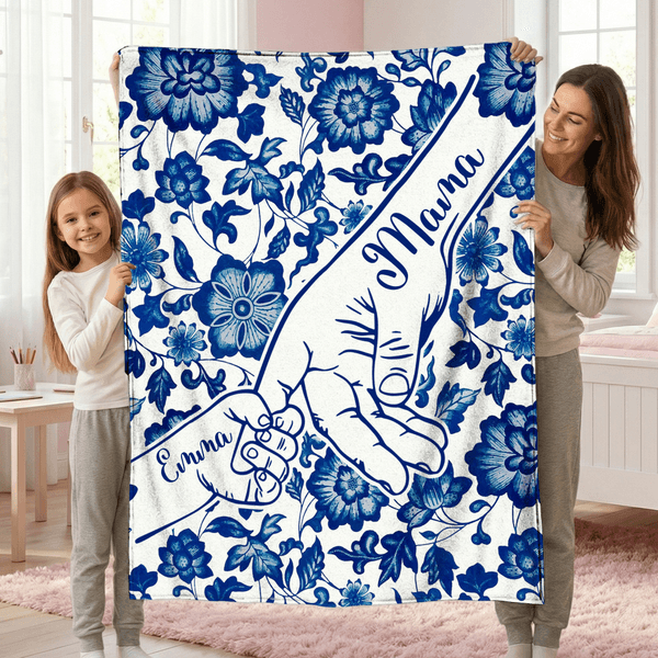 Personalised Toile De Jouy Holding Hands Soft Throw Blanket with Names Home Decor Mother's Day Gift for Mom Grandma