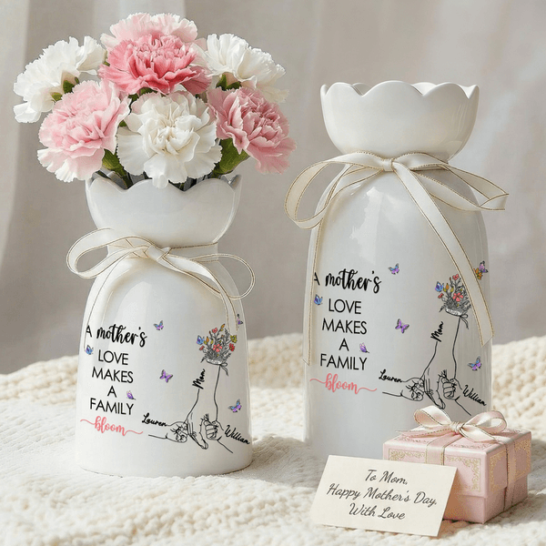 Vaso in ceramica con nome e testo personalizzato Hands in Hands Flower Butterfly Home Decor Regalo per la festa della mamma e della nonna
