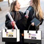 Spersonalizowany garnitur licencjata Cartoon Graduate Girl Canvas Tote Bag z imieniem i rokiem Prezent na ukończenie szkoły dla kolegów ze szkoły Przyjaciele