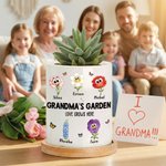 Maceta de Cerámica Personalizada de Caricatura de Flor de Nacimiento Mariposa con Texto de Nombres y Bandeja de Bambú Uso Diario Regalo del Día de la Madre para Mamá Abuela