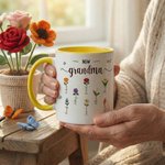 Personalised Faux Yarn Effect Birth Flower First Mom Now Grandma Ceramic Mug with Names Mother's Day Gift for Mom Grandma