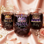 Personalisierte Mama Queen Floral Crown 15 oz stiellosen Wein mit Namen Muttertag Geburtstag Geschenk für Frauen Mom
