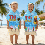 Asciugamano da spiaggia con cappuccio personalizzato per bambini della famiglia del gelato con nome, essenziale per il viaggio, regalo di compleanno per la famiglia del bambino.