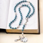 Personalized Navy Blue Pink Rosary Chalice Cross Necklace with Engraved Name and Date First Communion Baptism Gift for Christians