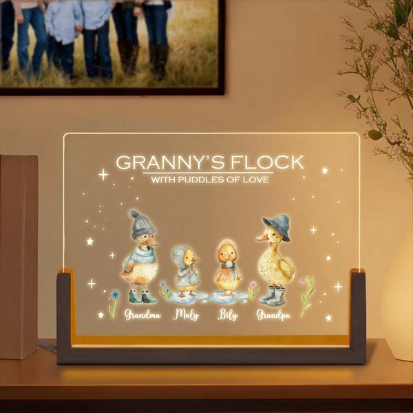 Personlig LED-nattlampa med namn och träfot för familjen Söt anka Heminredning Mors dag Födelsedagspresent till mamma morförälder familj