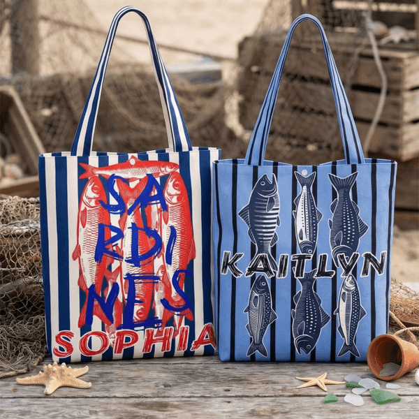 Personalised Sardine Mackerel Flounder Large Capacity Canvas Tote Bag with Name Daily Use Birthday Gift for Fishing Lovers