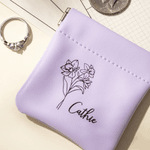 Personalized Birth Flower PU Leather Coin Purse with Name Mother's Day Birthday Anniversary Gift for Women Girls