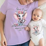 Personalised Elephant Mom Baby 100% Cotton T-shirt Baby Bodysuit with Name and Year Matching Outfit 1st Mother's Day Gift for New Mom