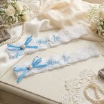 Lazo de Encaje Personalizado Flor Mariposa Corazón Algo Azul Liga de Boda con Texto Bordado Recuerdo de Boda Regalo para Novia