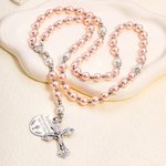 Personalized Navy Blue Pink Rosary Chalice Cross Necklace with Engraved Name and Date First Communion Baptism Gift for Christians