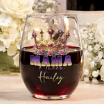 Personalized Mama Queen Floral Crown 15 oz  Stemless Wine with Name Mother's Day Birthday Gift for Women Mom