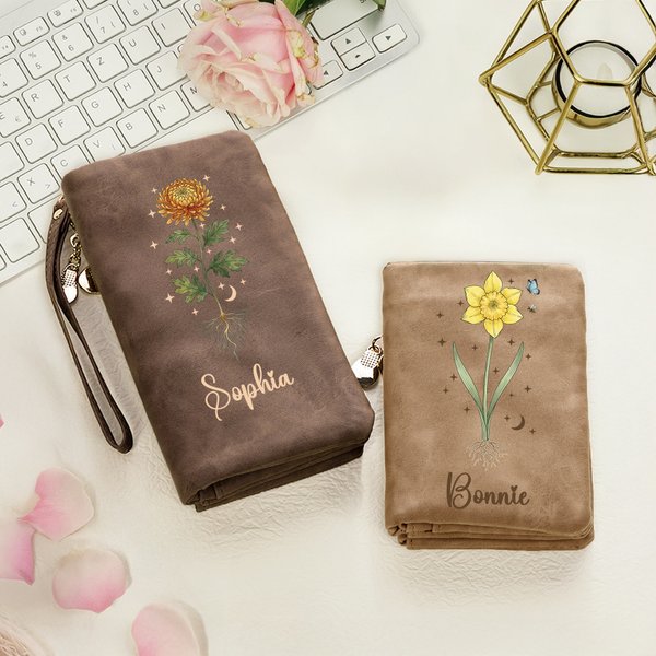 Gepersonaliseerde Geboortebloem PU Leren Vintage Vrouw Portemonnee met Naam Verjaardag Moederdag Cadeau voor Moeder Oma