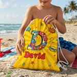 Personalisierte Cool Hero Comic Design Star Initial Drawstring Strand Rucksack mit Namen Strand Party Geburtstag Geschenk für Kinder